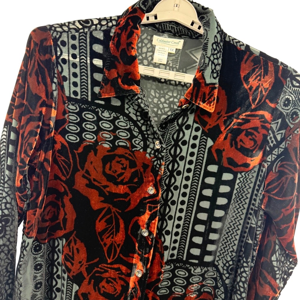 Coldwater Creek Velvet Burnout Shirt Dress Tunic 1X Floral Button Down Artsy EUC - Picture 2 of 12